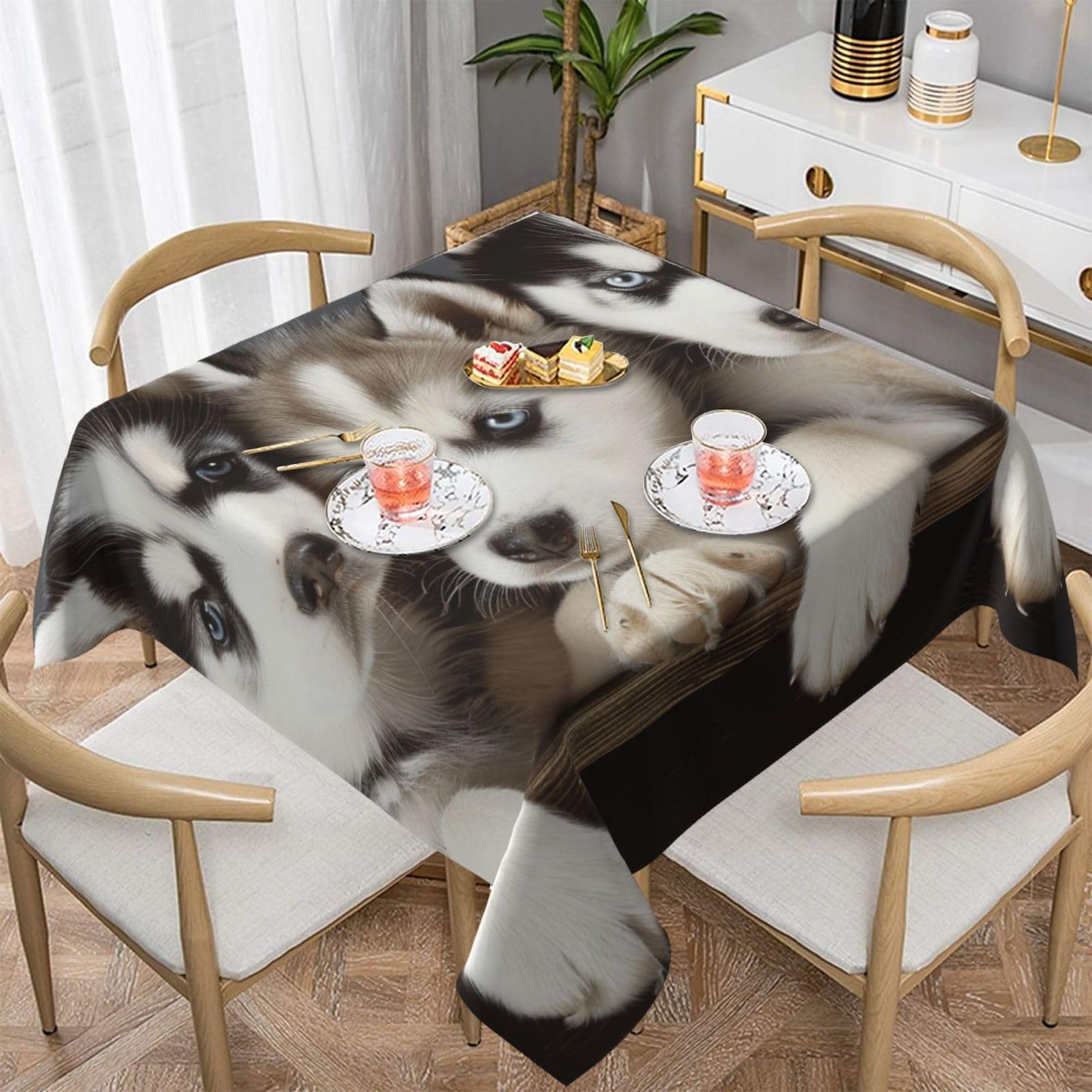 WPKJU Husky Puppies Dogs Printed Square Tablecloth 60x60 inch Water Resistant Table Cover Washable Rectangle Table Cloth for Dining Tables