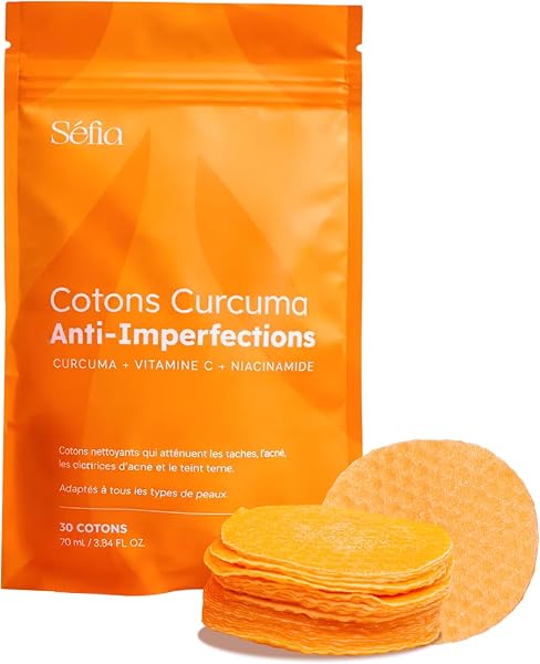 Séfia - Cotons anti-imperfections visage & corps - 30 cotons - Curcuma + Vitamine C + Niacinamide - Aide à atténuer l'apparence des taches - Tous types de peaux (Recharge (30 cotons)) - 1