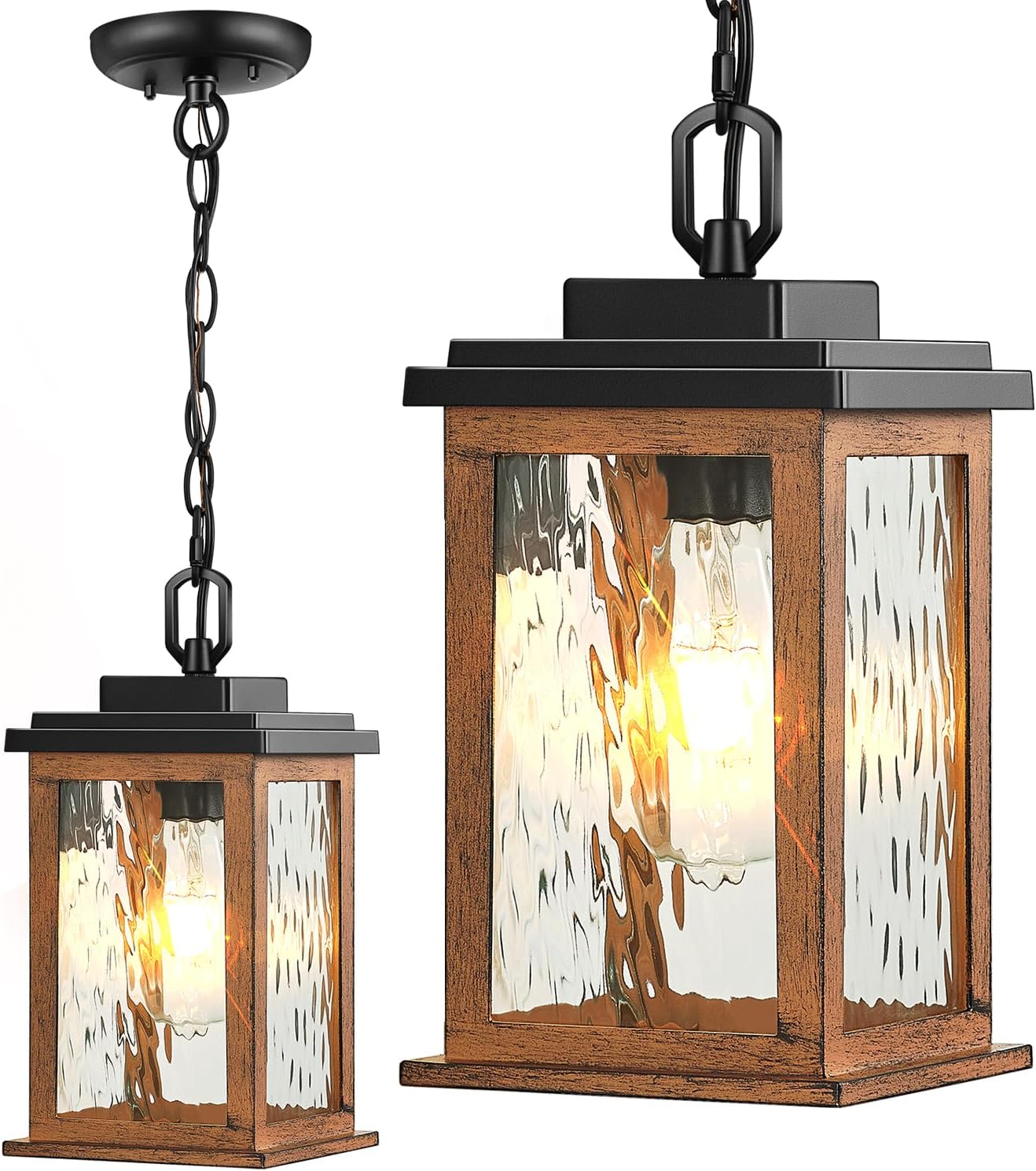 VIANIS Outdoor Pendant Light Fixtures, Wood Grain Outdoor Hanging Lights Lantern, Outdoor Ceiling Lights for Porch with Waterproof, Aluminum Porch Lights Outdoor Ceiling with Water Ripple Glass