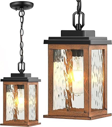 VIANIS Lámparas colgantes para exteriores, linternas colgantes de grano de madera, luces de techo al aire libre para porche con impermeable, luces