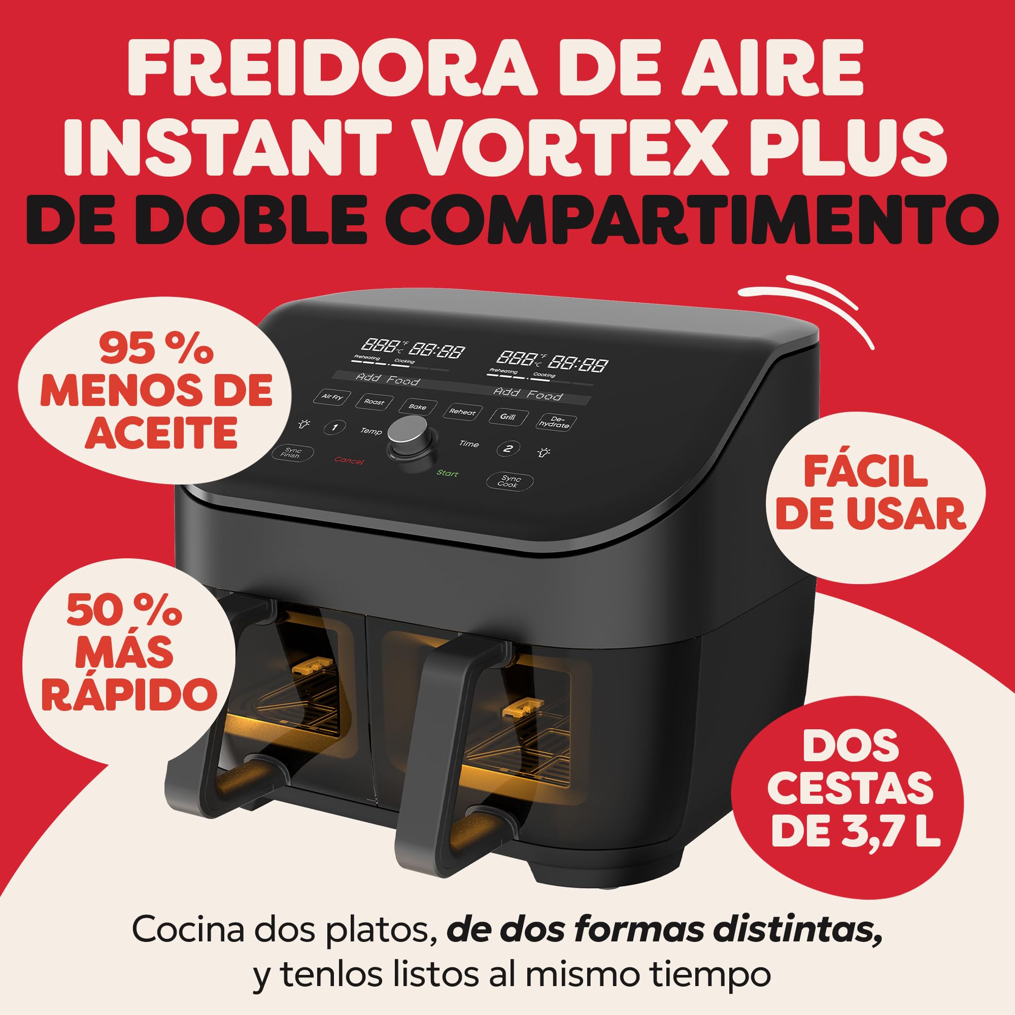 Instant Pot Freidora de aire Vortex Plus Dual, Negro con mirilla, de gran capacidad (8L), Con dos cestas de 3,7 L, ventana transparente, función deshidratadora, grill, horneado, asado, recalentado