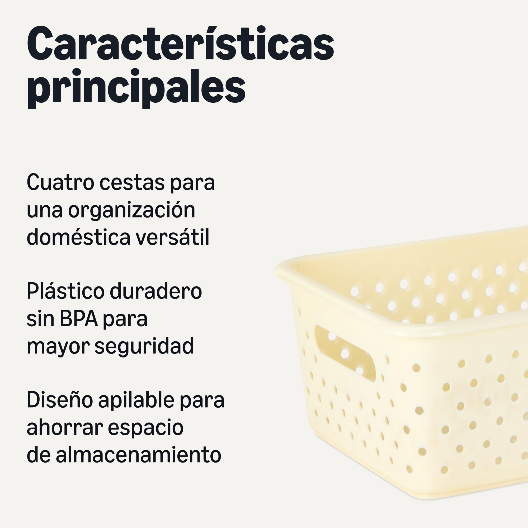 Amazon Basics Cestas Decorativas de Plástico sin BPA, 25,2cm x 18,8cm x 10,56cm, Color Marfil, Paquete de 6