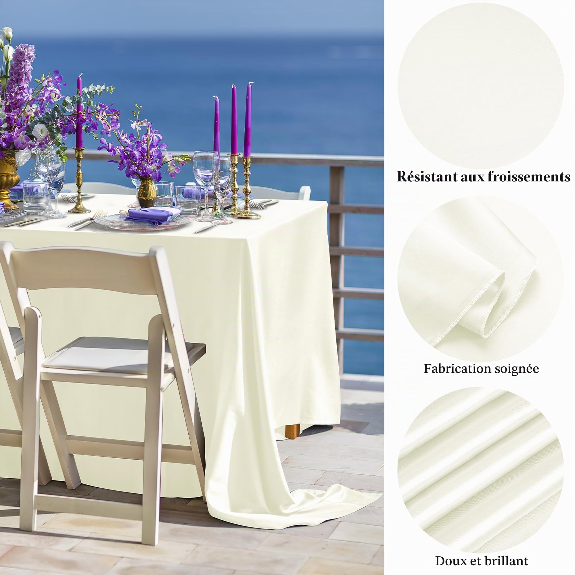TURSTIN Lot de 4 nappes rectangulaires en satin de soie brillante pour décoration de table de mariage, banquet, fête, événements, 259,1 x 147,3 cm, ivoire
