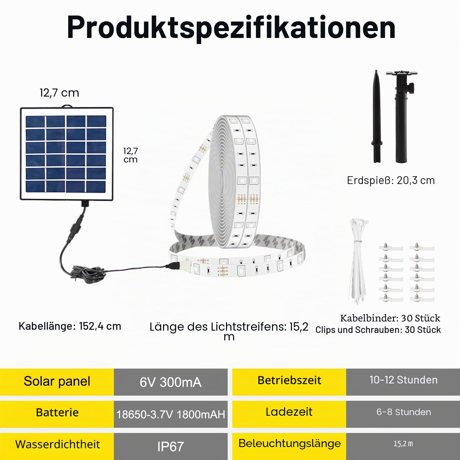15 m RGB-Solar-LED-Lichtstreifen, warmweiß, für den Außenbereich, wasserdicht, selbstklebend, automatisches Ein-/Ausschalten, 16 Farben und 4 Modi, mit Fernbedienung, ideal für Terrasse