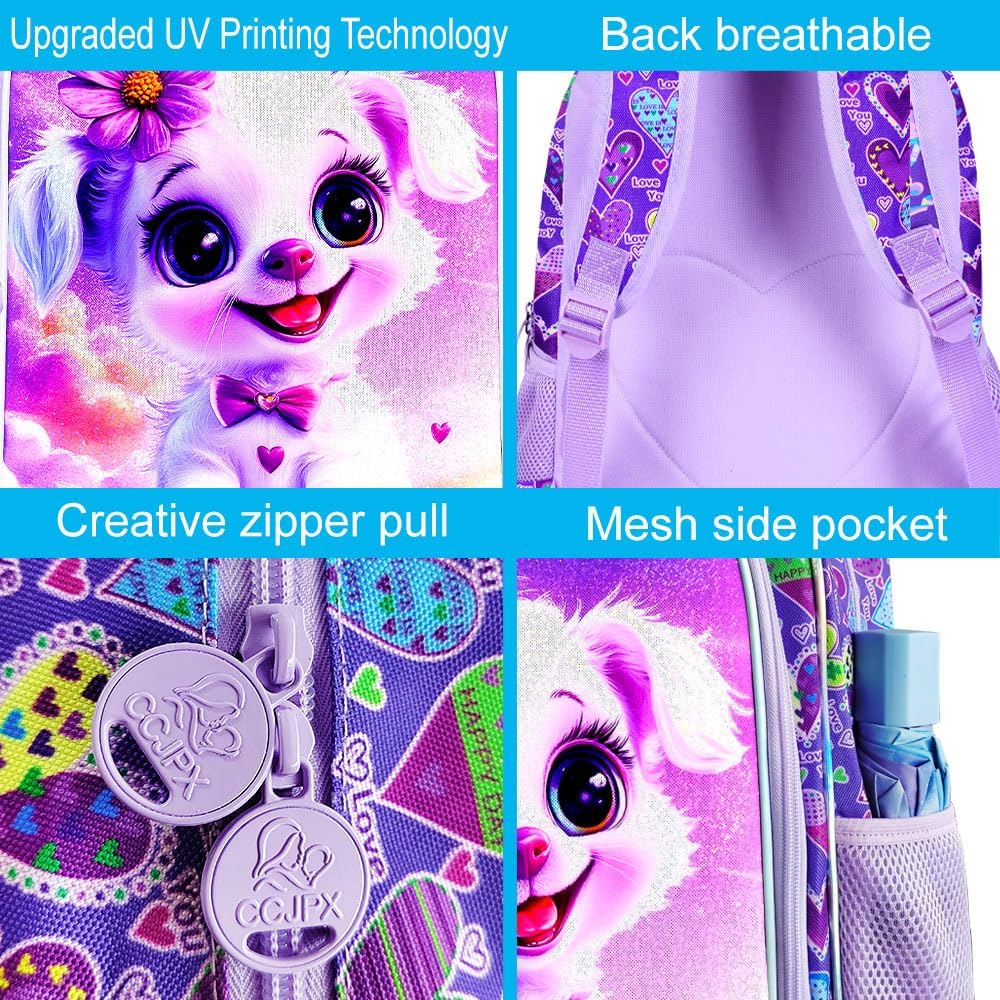 gxtvo 3PCS Dog Bookbag for Girls, 16" Kids Backpack with Lunch Box, Water Resistant School Bag for Elementary Preschool Toddler - Reading Puppy Pink - Image 5