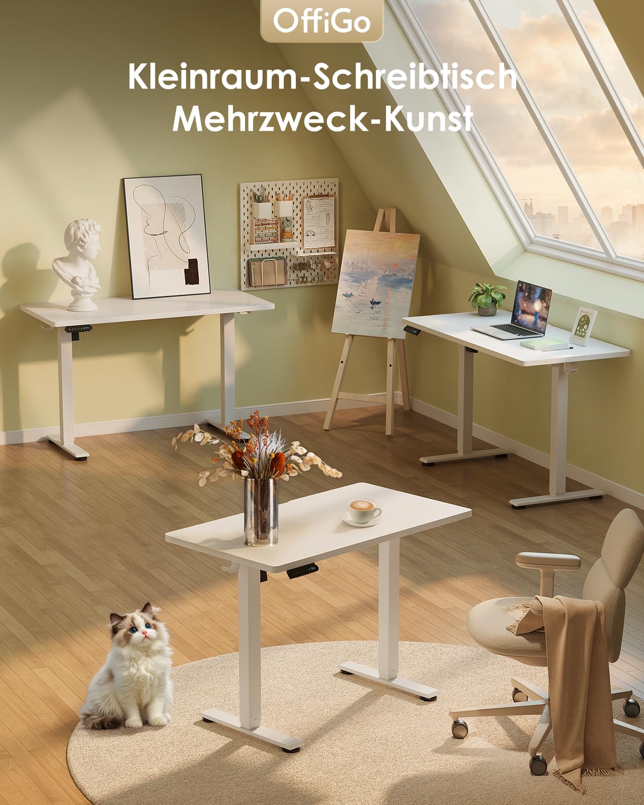 OffiGo Biurko Regulowane Wysokością, 90cm, Biały | Elektryczne Biurko Regulowane Wysokością, z 3 Funkcjami Pamięci, Kompaktowe do Małych Przestrzeni do Domu