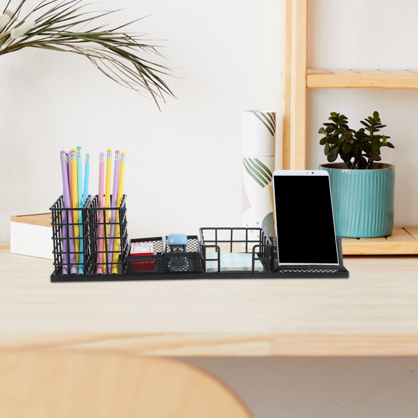 Organizador de Escritorio de Oficina de Hierro Negro, 7 Piezas | Estilo Simple y Moderno, Almacenamiento Ligero para Hogar y Despacho, Clasifica Útiles y Reglas