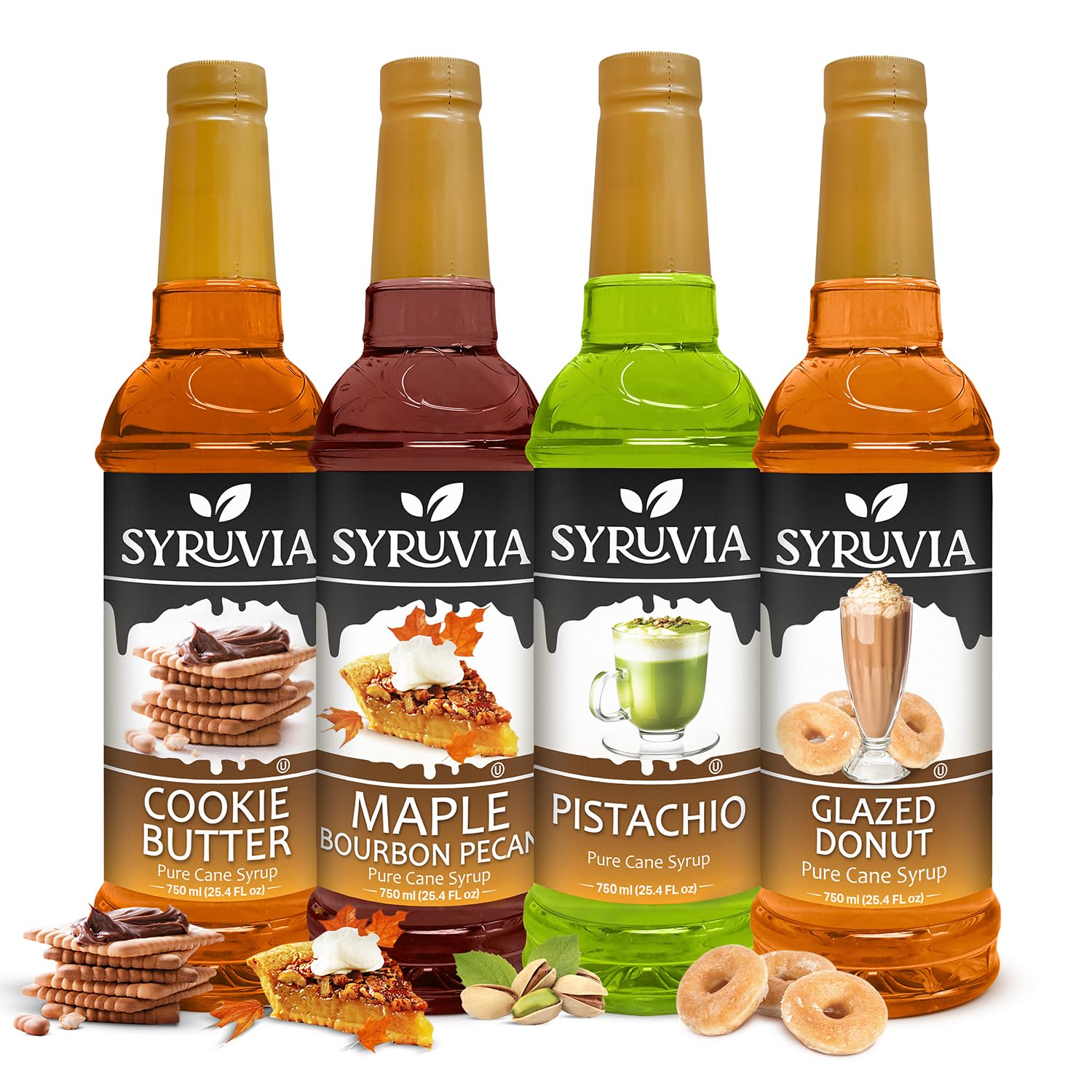 Syruvia Pistachio, Cookie Butter, Maple Bourbon Pecan & Glazed Donut Syrup - 25.4 fl oz Premium Coffee Flavoring Syrup.Kosher, Gluten Free, No Coloring, Perfect for Drinks, Lattes, Desserts & More.