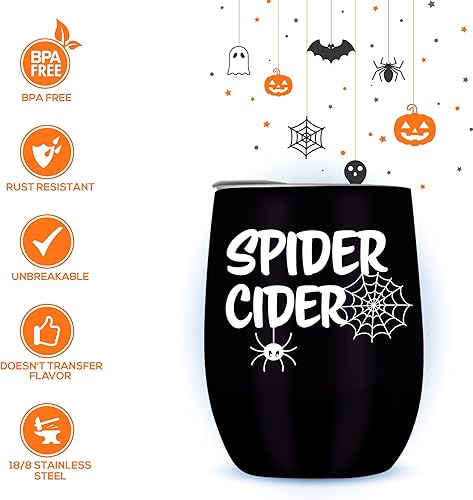 Miniatura 5 de Modern Elegance Vaso de vino de Halloween sin tallo, vaso de vino de 12 onzas con pajilla, bonitos vasos de acero con aislamiento de araña, a prueba