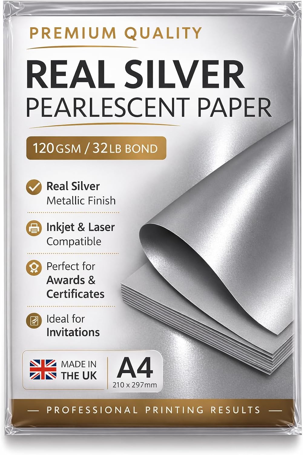 Premium Metallic Silver Paper A4 – 120gsm Shimmer Cardstock with Real Silver Pigments – Inkjet & Laser Printer Compatible – Luxury Certificate, Invitation & Craft Paper Sheets (50)