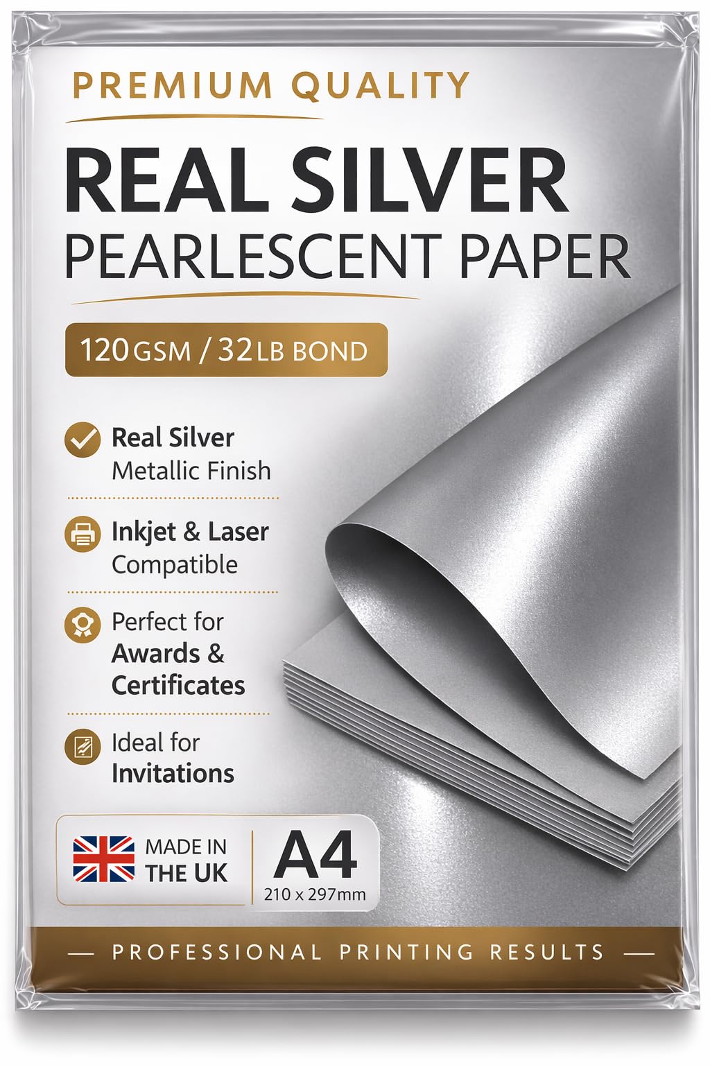 Premium Pearlescent Paper A4 (8.27 x 11.7”) 120gsm (32lb Bond) – Shimmer Cardstock Sheets for Inkjet & Laser Printers – Ideal for Certificates, Invitations, Menus & Crafts (100, Real Silver)