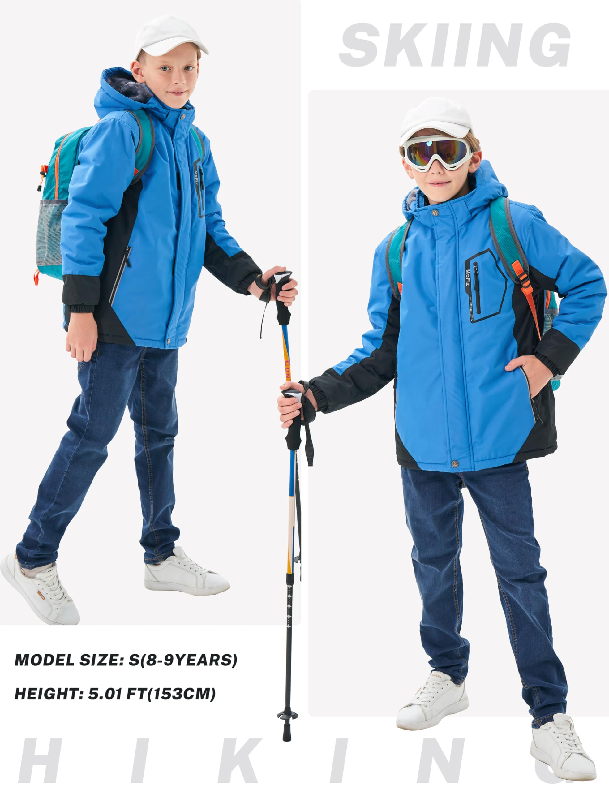 MoFiz Veste de Ski Garçon Hiver Chaud Manteau de Neige Imperméable de Montagne en Polaire Coupe-Vent Enfants Blouson avec Capuche Amovible 6-16 Ans