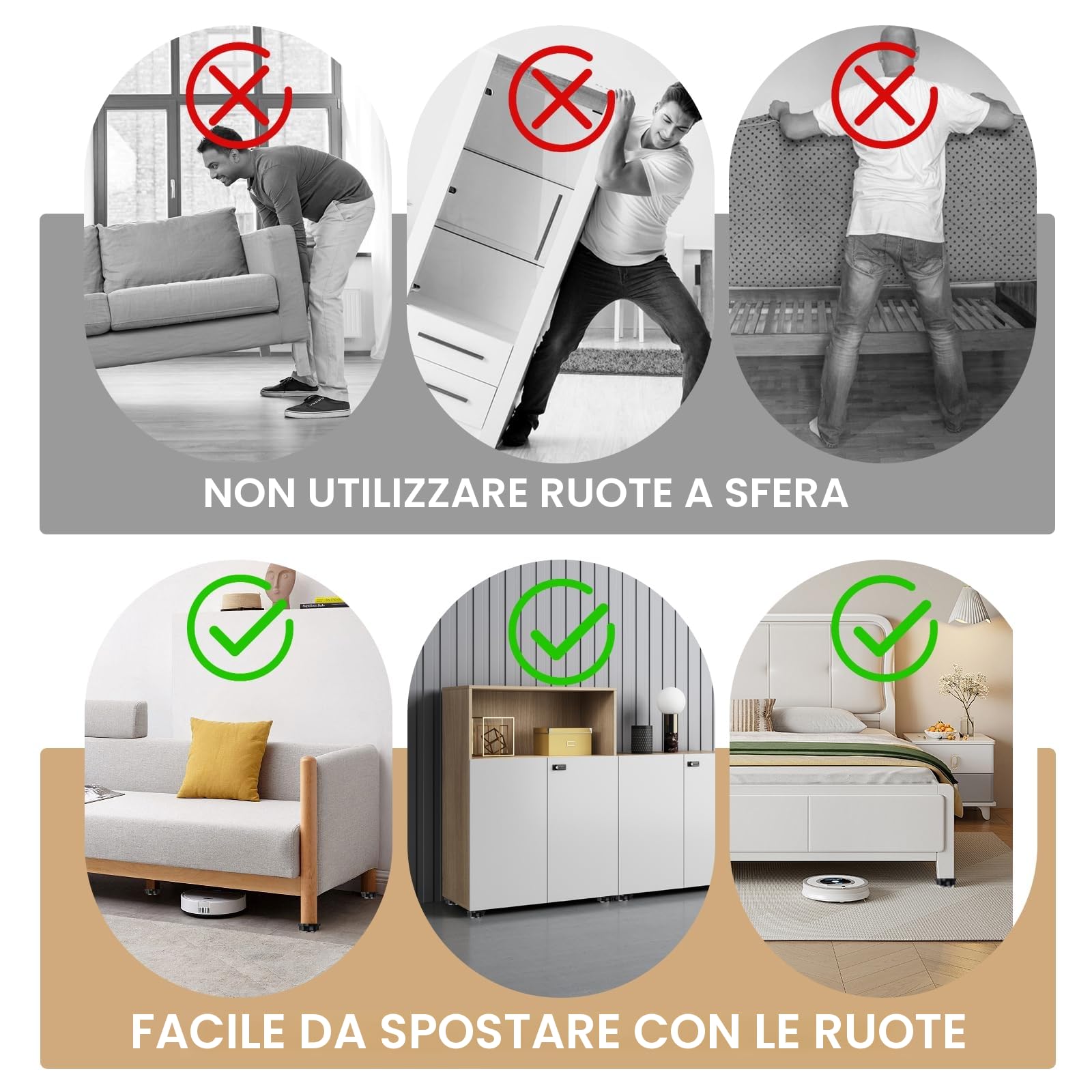 Rotelle Per Mobili [8 Pezzi] - Ruote Girevoli Autoadesive Con 5 Sfere, Carico 400kg Per Spostare Mobili Pesanti