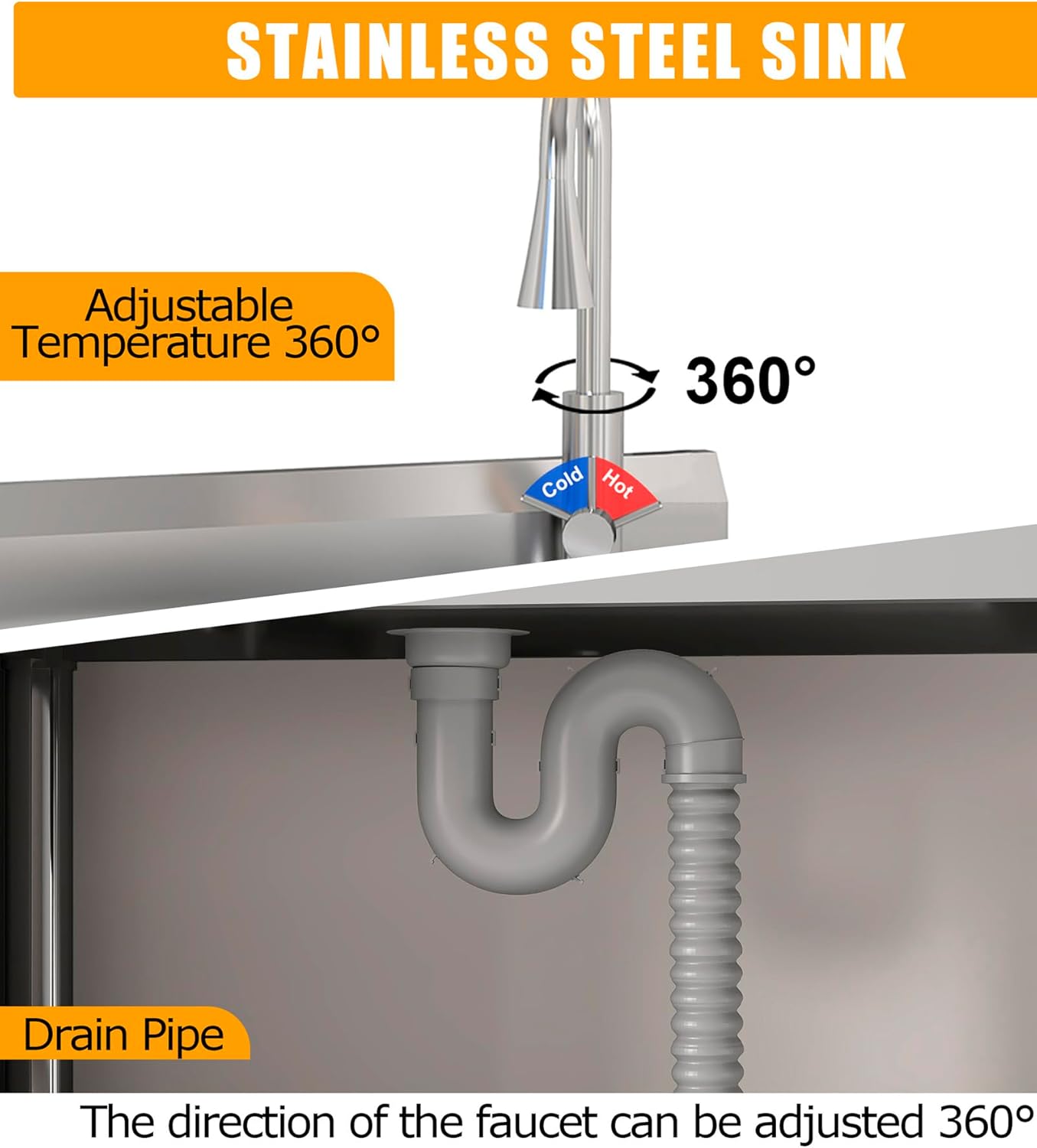 Close-up of Garvee utility sink faucet with hot and cold indicators and drain pipe