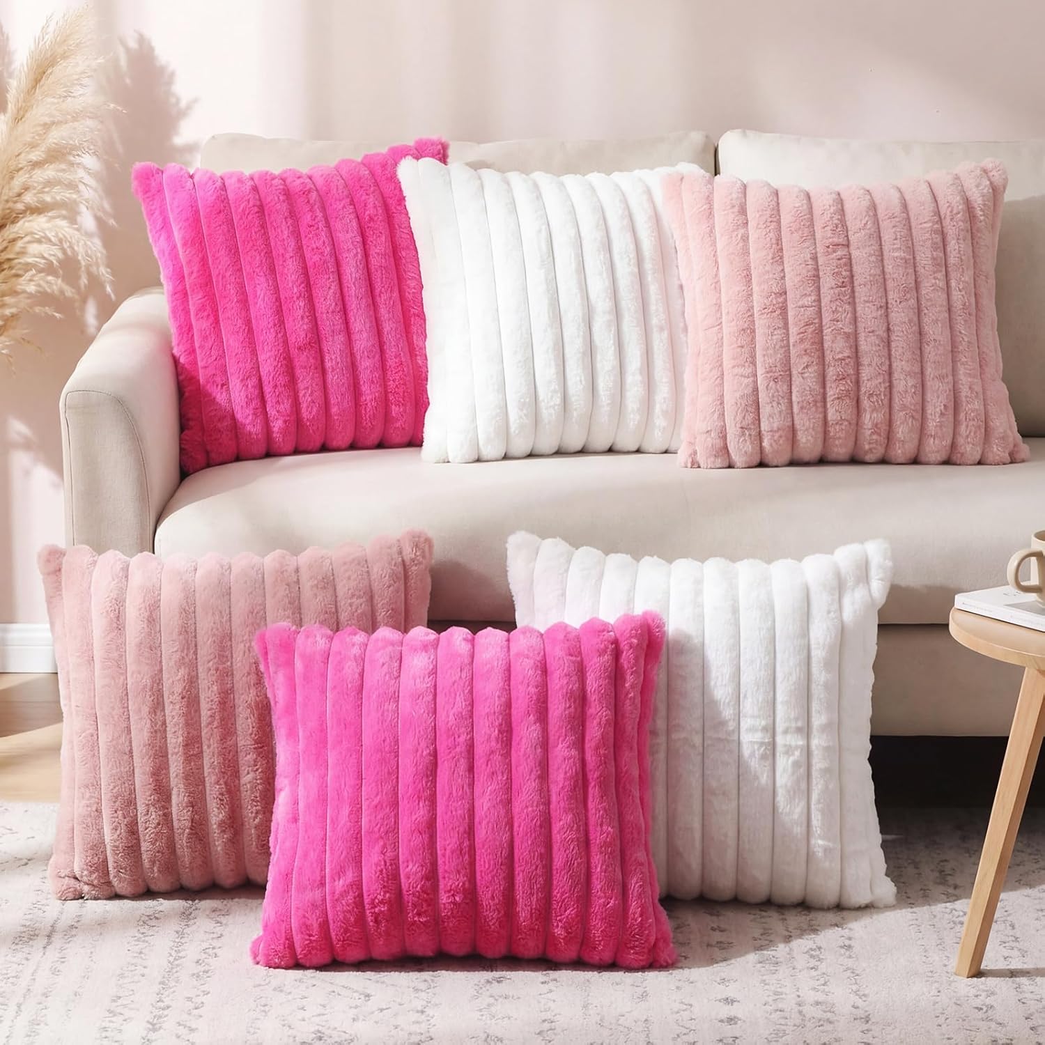 Peryiter Set of 6 Hot Pink Throw Pillow Cover, White and Blush Pink Pillowcase Gift 18 x 18 Inch Faux Fur Plush Couch Pillowcase Soft Velvet Cozy Fluffy Striped Pillow Case for Sofa Bed Home Spa Decor