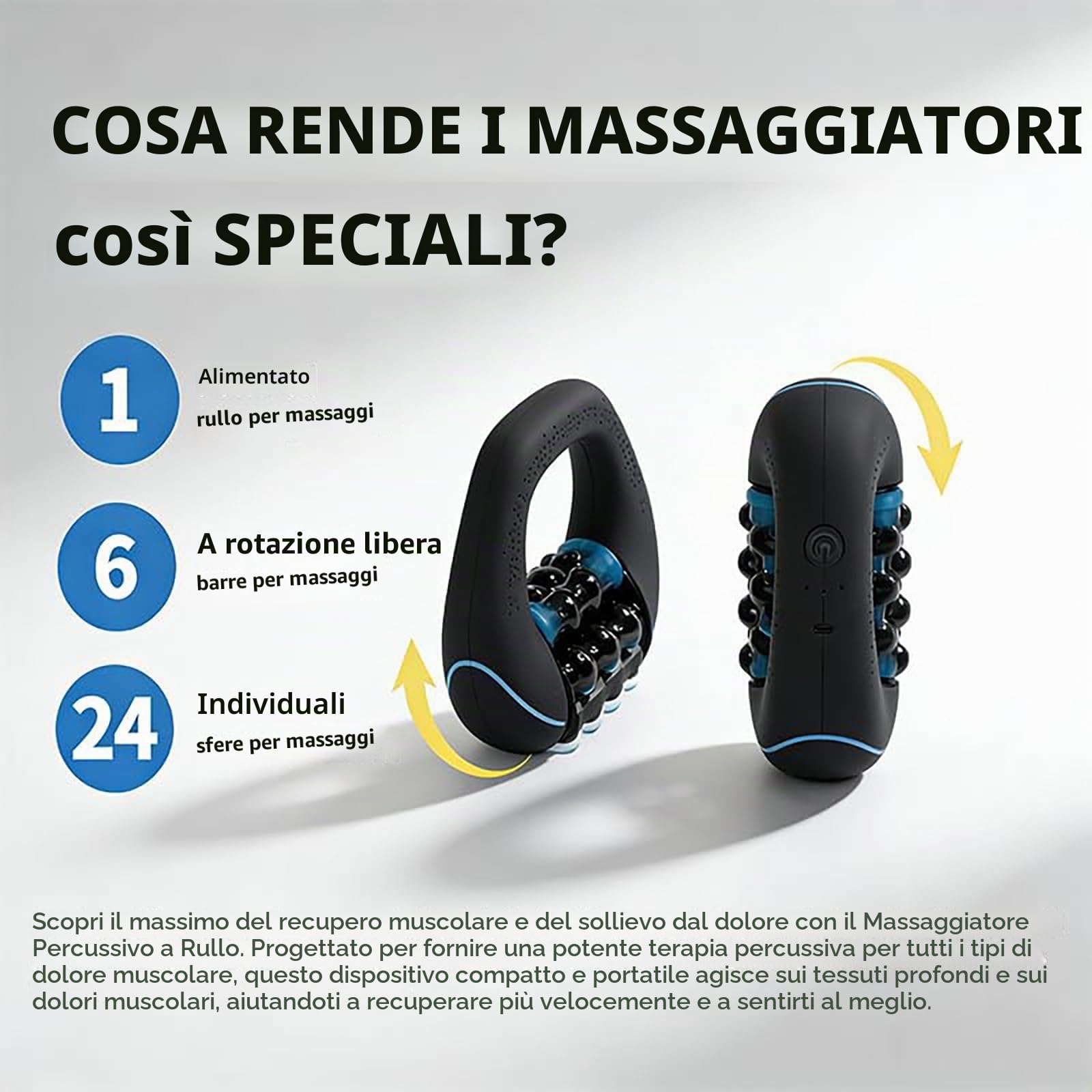 Massaggiatore Elettrico a Rullo Manuale, 3 Livelli Di Intensità,Recupero Muscolare & Tessuti Profondi, per Schiena, Collo e Gambe