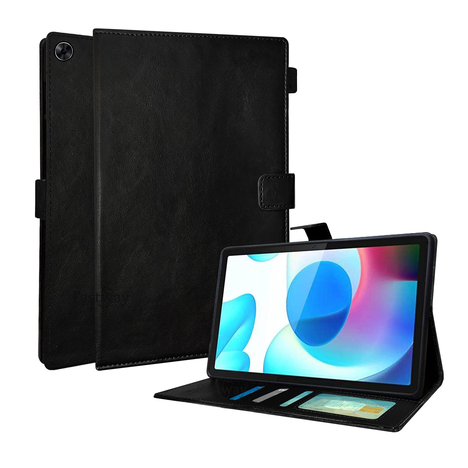 Fastway Multi Protective Leather Case with Viewing Stand and Card Slots Flip Cover for Realme Pad 10.4 inch Tablet (Black)