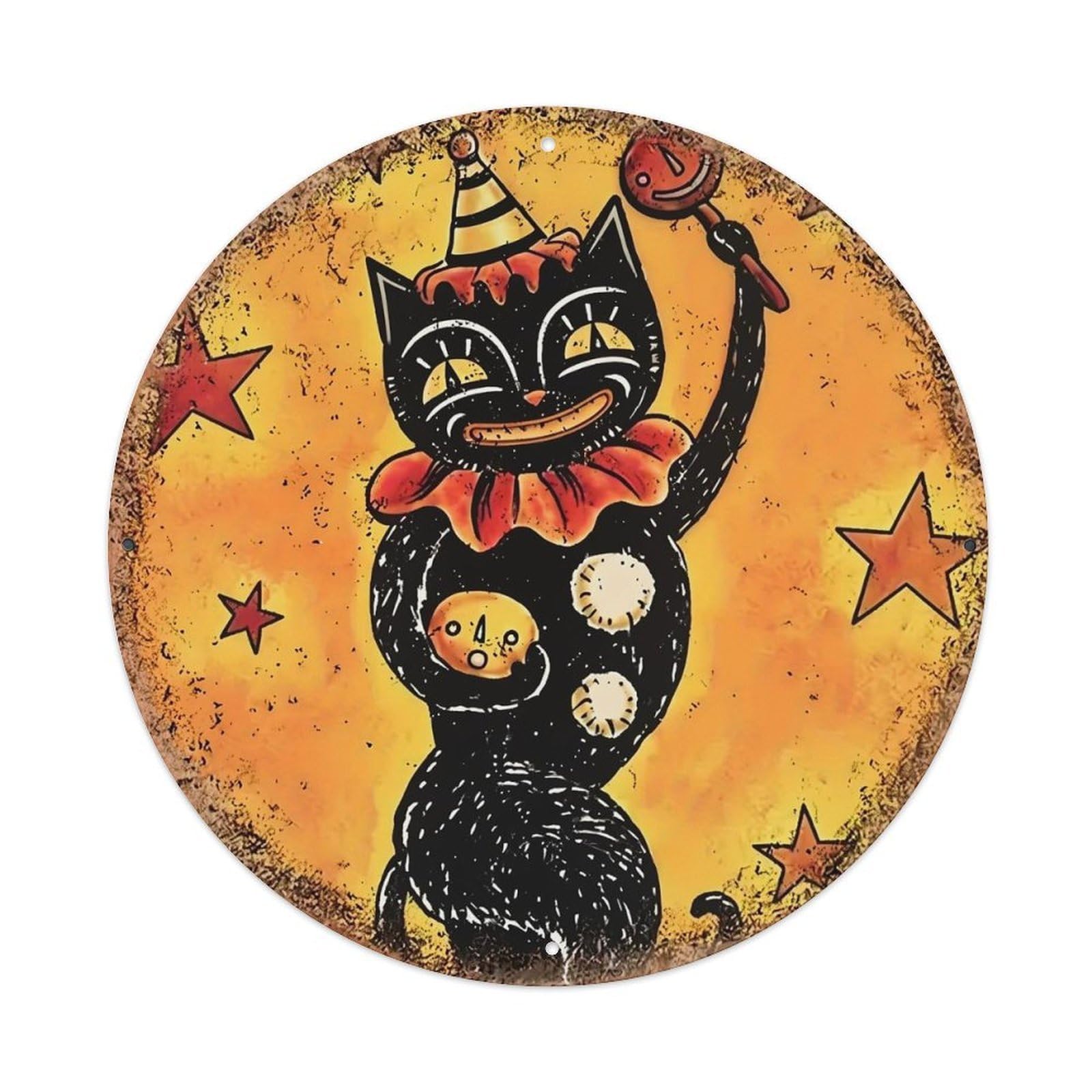 Circus Cat Juggling Stars Vintage Round Tin Sign Retro Metal Wall Decor Metal Poster, Home Bar Garage Cafe Wall Art Decoration 8x8Inches