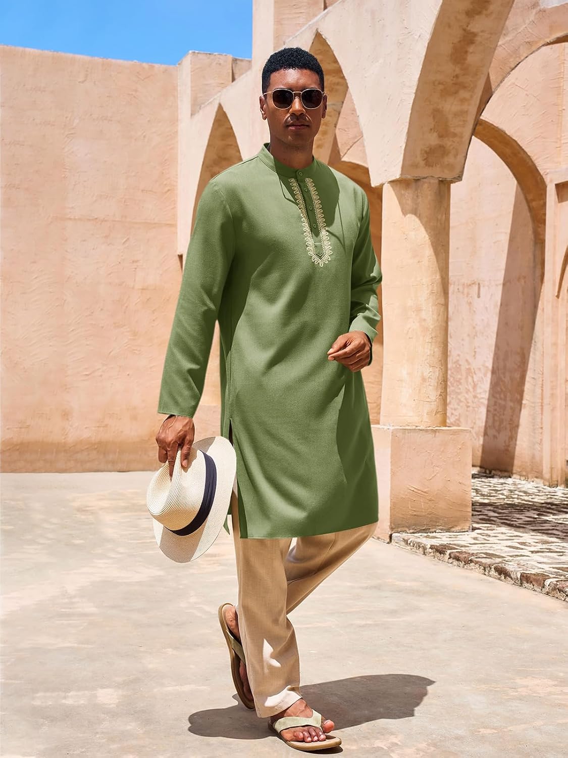Yousify Mens Kaftan Thobe Casual Henley Shirts Button up Long Sleeve Robe Muslim Gown Shirt