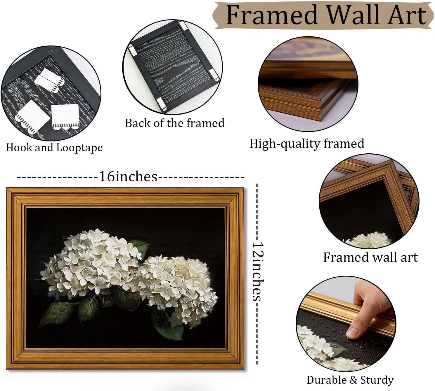 Vintage Gold Framed White Hydrangea Canvas Wall Art, Moody Dark Floral Painting Picture Wall Decor, Still Life Flower Poster Print Artwork for Bathroom Bedroom Living Room Home Decoration, 12x16In