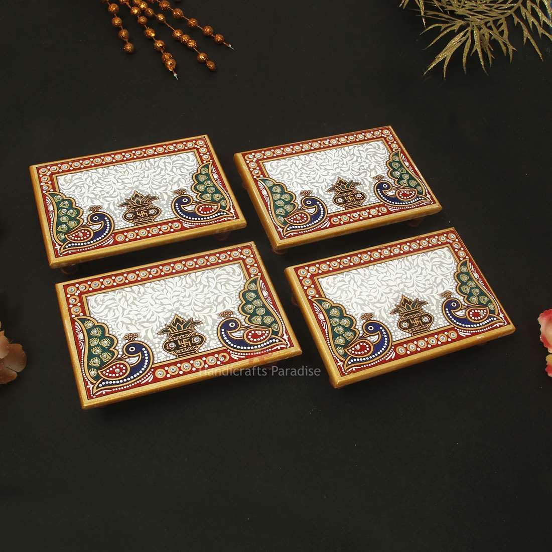 Handicrafts Paradise Marble Puja Chowki set of 4 pc Rectangle shape with Peacock design and Kalash