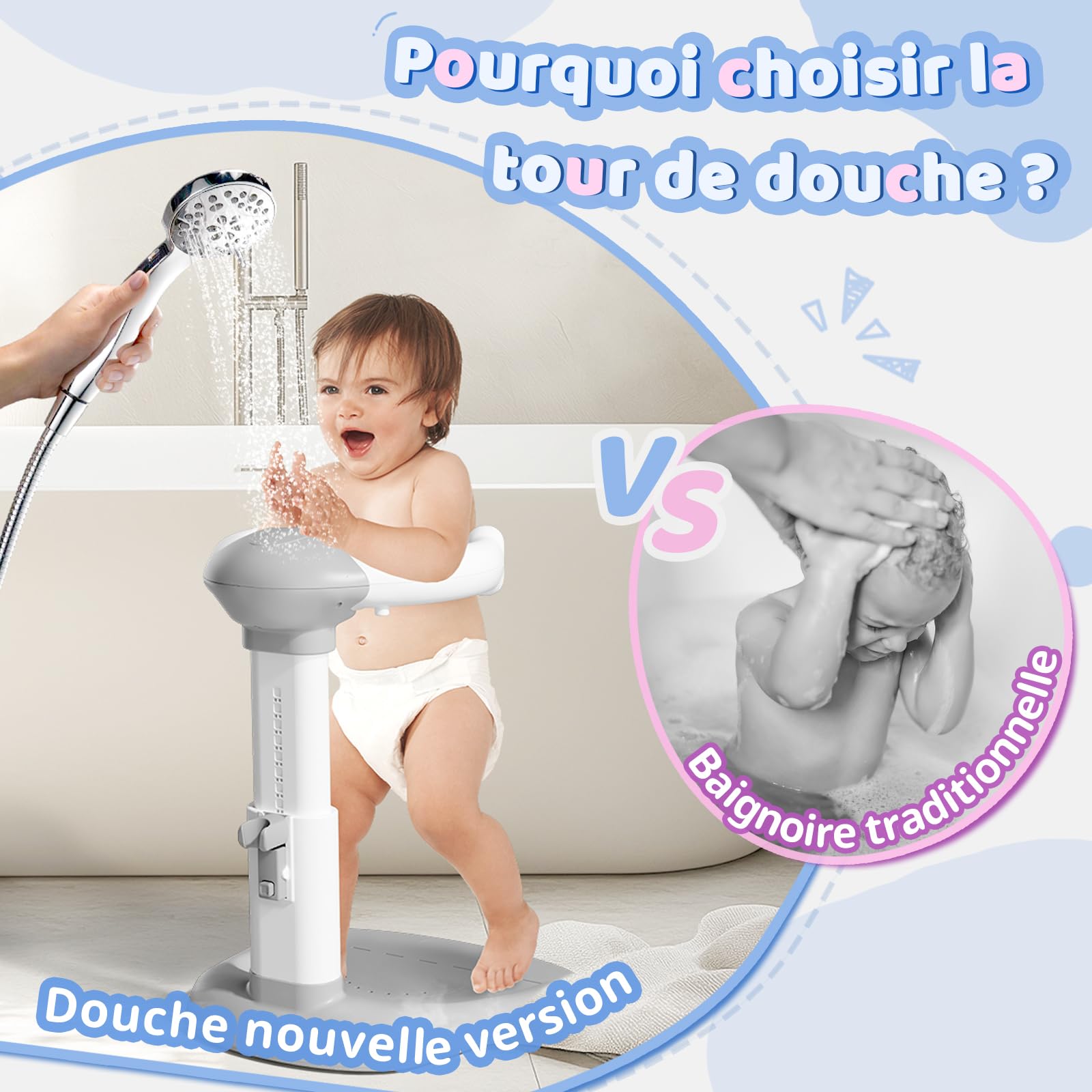 COOSEYA® Baignoire bébé avec support de douche | Support anti-pincement, tour de douche réglable pour aider bébé à se tenir debout, idéal comme douche bebe debout et cadeau prénatal