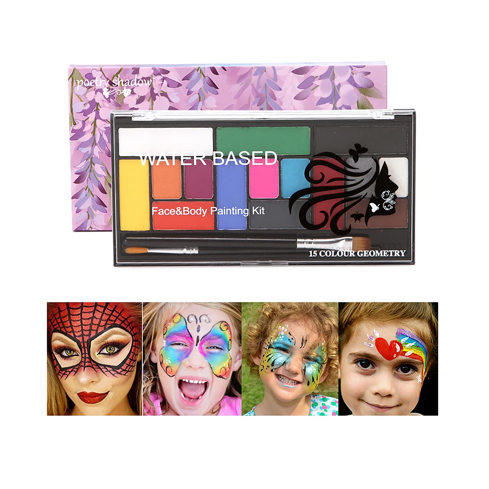 Professional 15 Colors Face Body Paint Kit with 2 Brushes Washable Face Painting Palette Hypoallergenic Safe Facepaints for Children and Adults Costume Party Festival Supplies