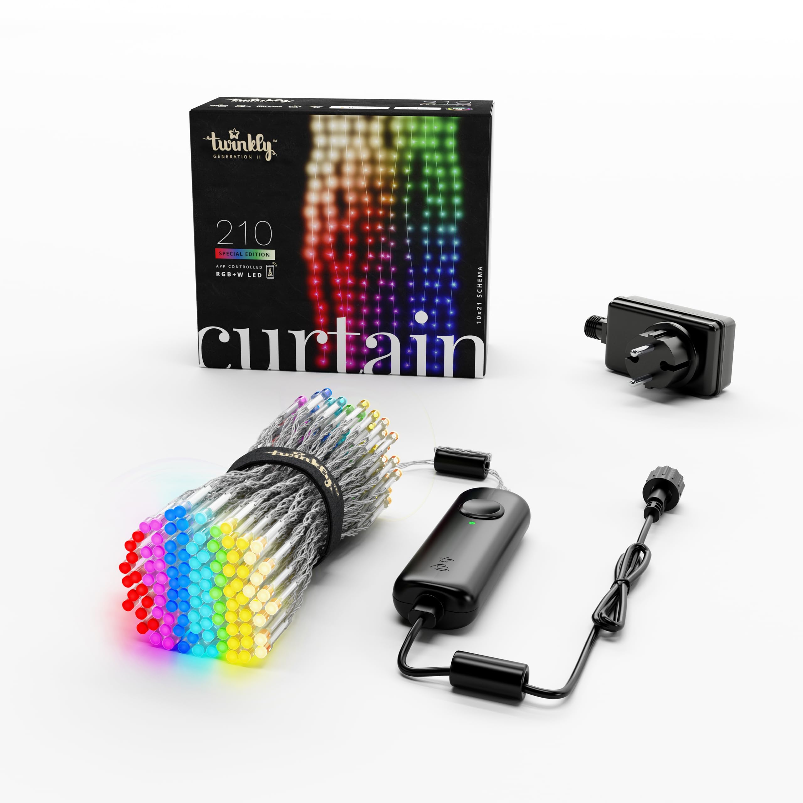 Twinkly Curtain 210 LED RGB+Blanco, Cadena de luces LED para interior y exterior, luces inteligentes, RGB y blanco, compatible con Alexa, Google Home, IP44, control de aplicación, cable transparente