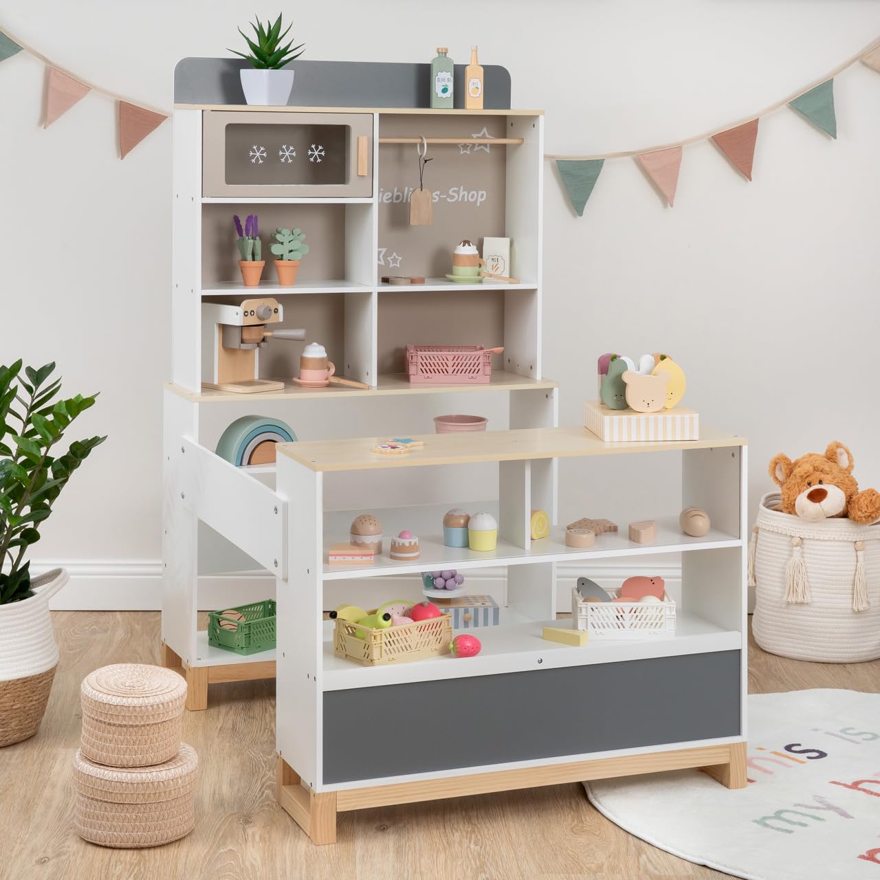 Ella & Piet® Kaufmannsladen Vendy mit Kuchenauslage und Eisfach aus Holz (Weiß-Schlamm) Kaufladen Verkaufsstand für Kinder