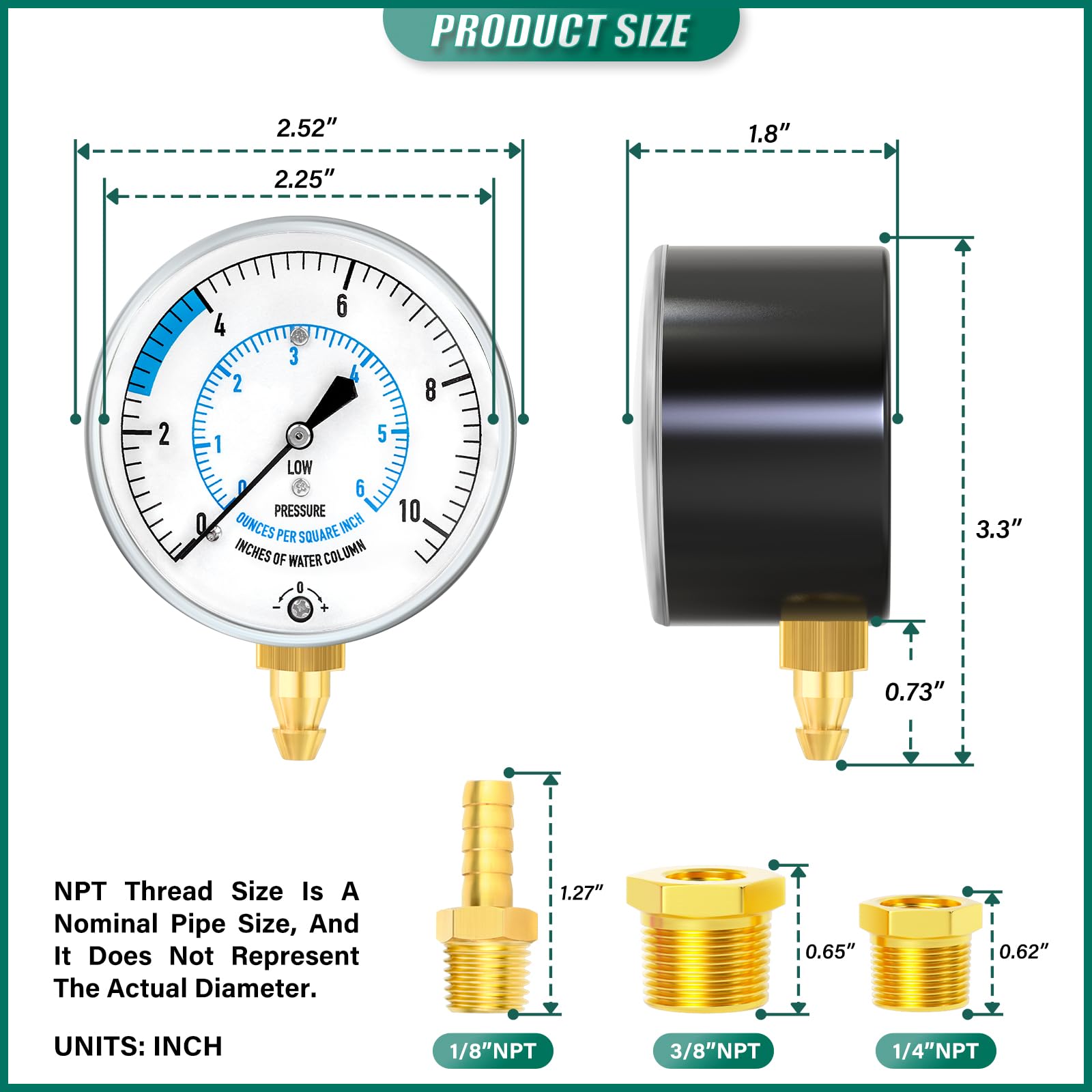 Kit de prueba de presión de colector de gas natural o LP de 0 a 10 pulgadas, con manguera de pies de 40 pulgadas, accesorio NPT de 1/8 pulgadas, conexión de púas y buje hexagonal, para