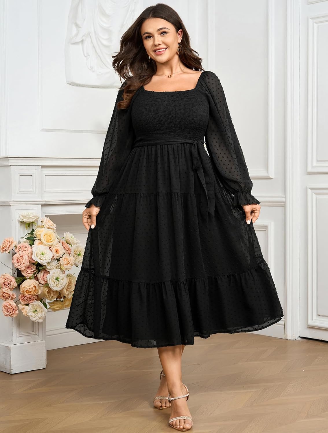 SCOMCHIC Women's Plus Size Dress Long Sleeve Square Neck Swiss Dot Chiffon Smocked A Line Ruffle Cocktail Maxi Dresses - Image 2