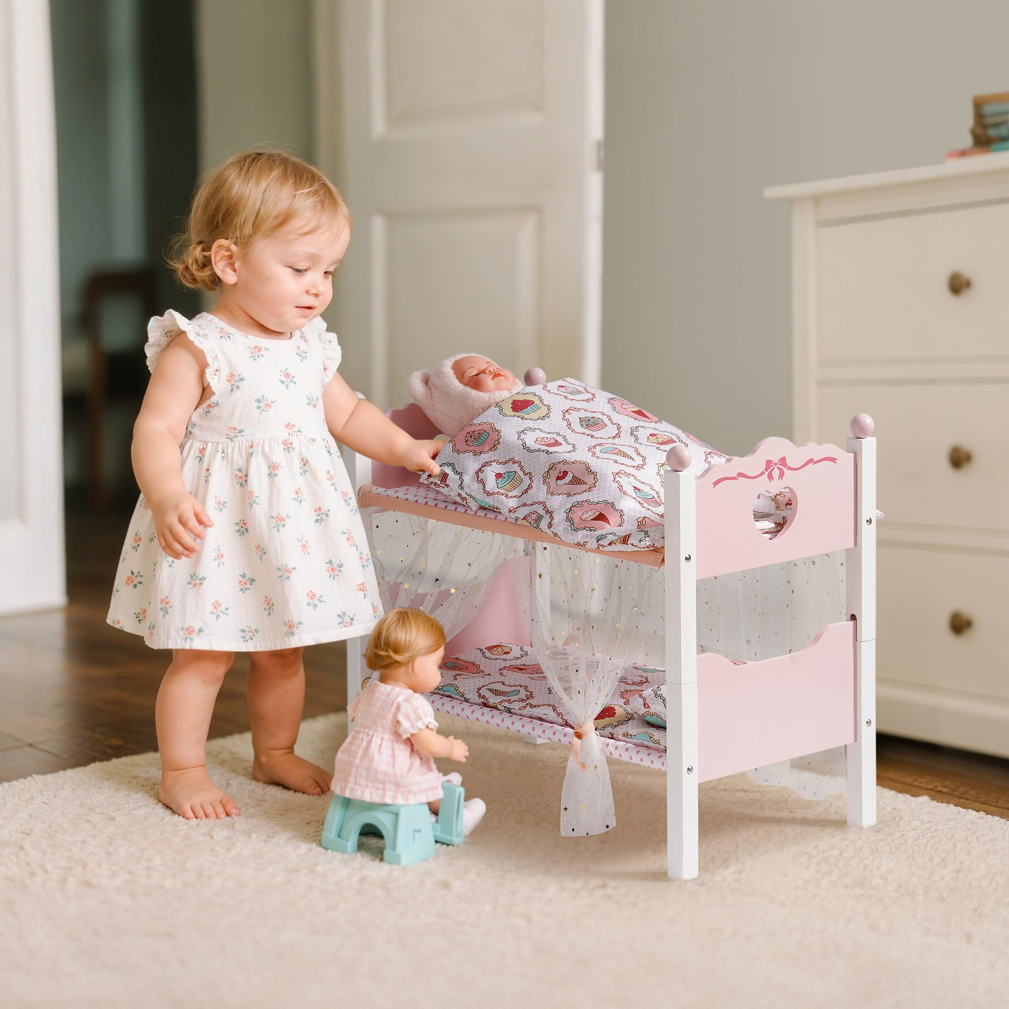 Literas de muñeca de bebé, cuna de madera para muñecas con cortina estrellada, cuna de juguete apilable para muñecas de 18 pulgadas, juego de cama para muñecas con accesorios de cama, para 9