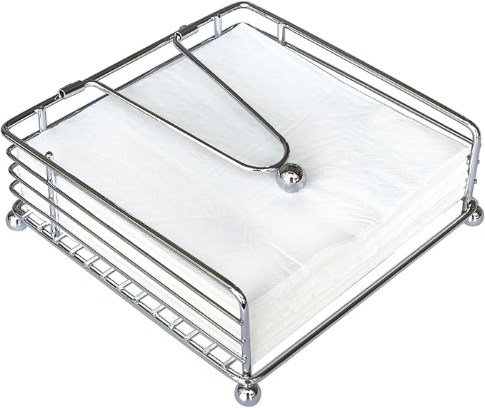 hiwafifi Napkin Holder for Table, Flat Napkin Dispenser with Weighted Arm, Square Cocktail Paper Holder of Elegant Rustic Iron for Kitchen Dining Room Decor Restaurant Farmhouse Hotel Party, Silver