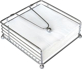 hiwafifi Napkin Holder for Table, Flat Napkin Dispenser with Weighted Arm, Square Cocktail Paper Holder of Elegant Rustic Iron for Kitchen Dining Room Decor Restaurant Farmhouse Hotel Party, Silver