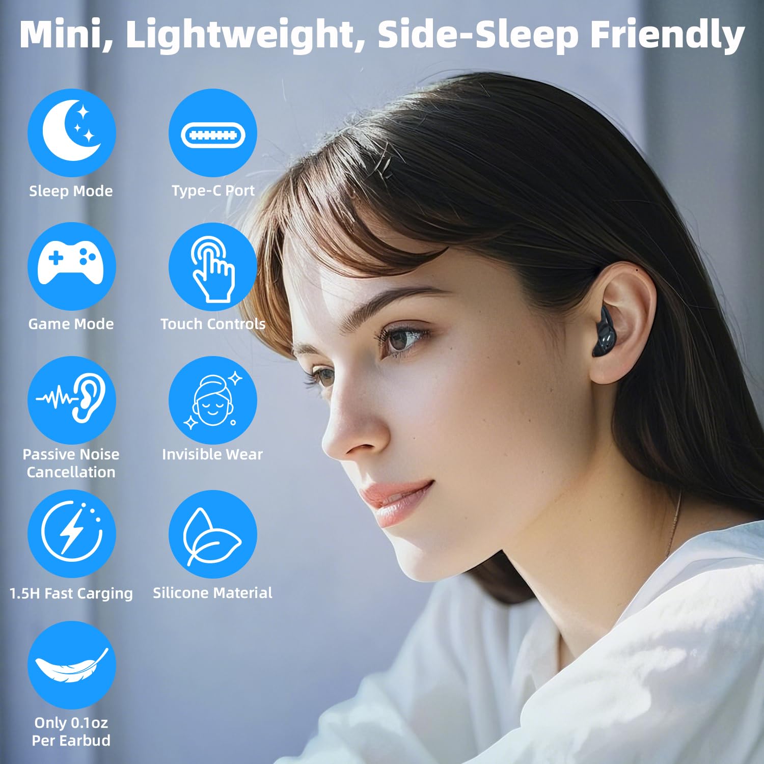 Mykindult Sleep Headphones, Wireless Sleep Earbuds for Side Sleepers, Mini Earbuds for Sleeping, Ultra-Thin Bluetooth 5.4 Headphones, Comfortable Invisible – White