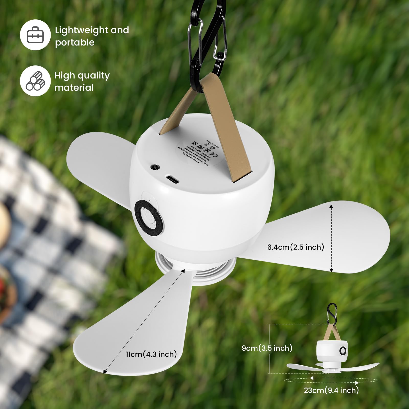 Ventilateurs de plafond de camping 8000 mAh avec lumière, ventilateurs de plafond portables rechargeables par USB et télécommande, pales de ventilateur amovibles, ventilateur à 3 vitesses, 3