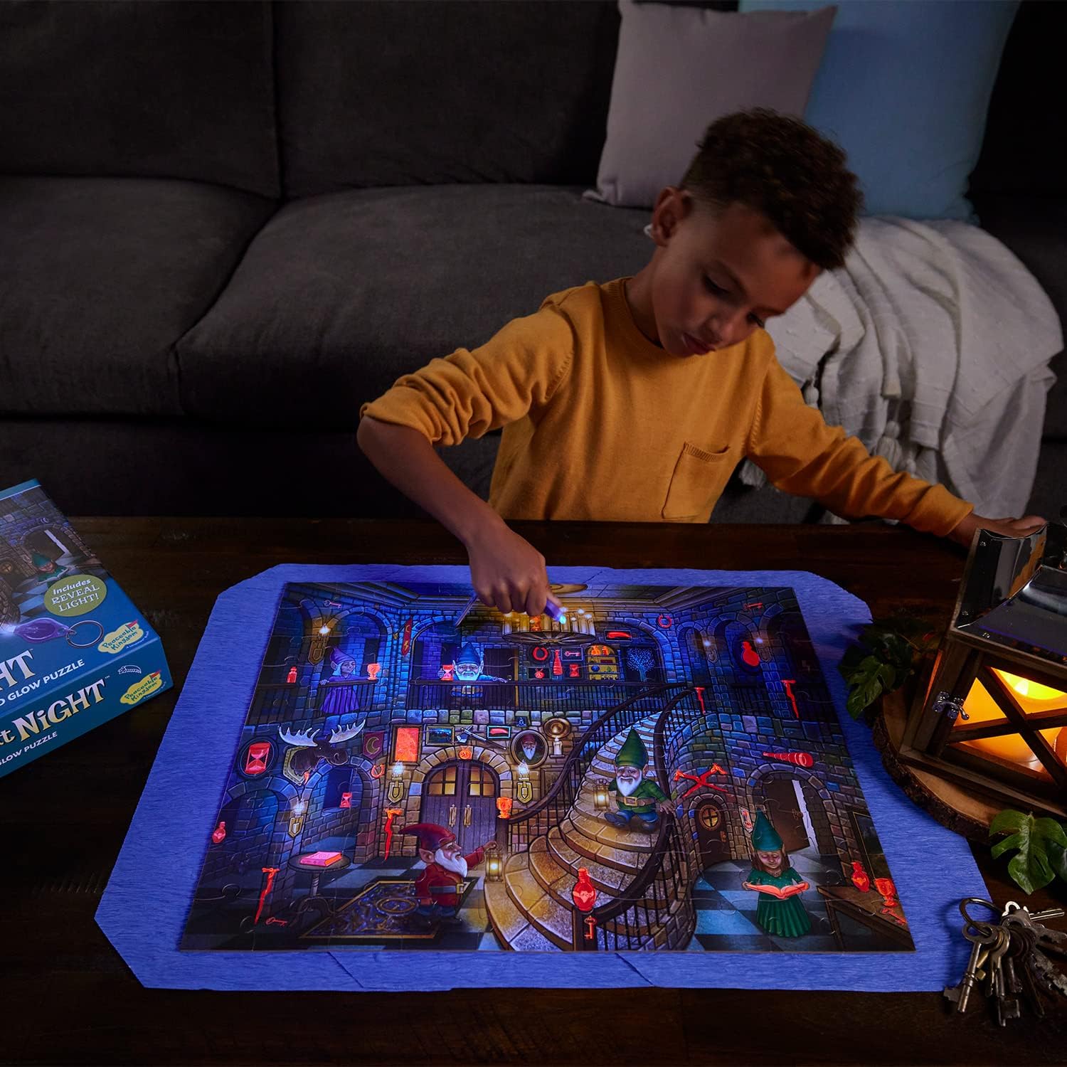 Peaceable Kingdom Gnomes at Night Puzzle – 100-Pc. Seek & Find Glow Puzzle for Kids Ages 6 & Up – Included Blacklight Reveals Hidden Items – Great for Home or Classrooms