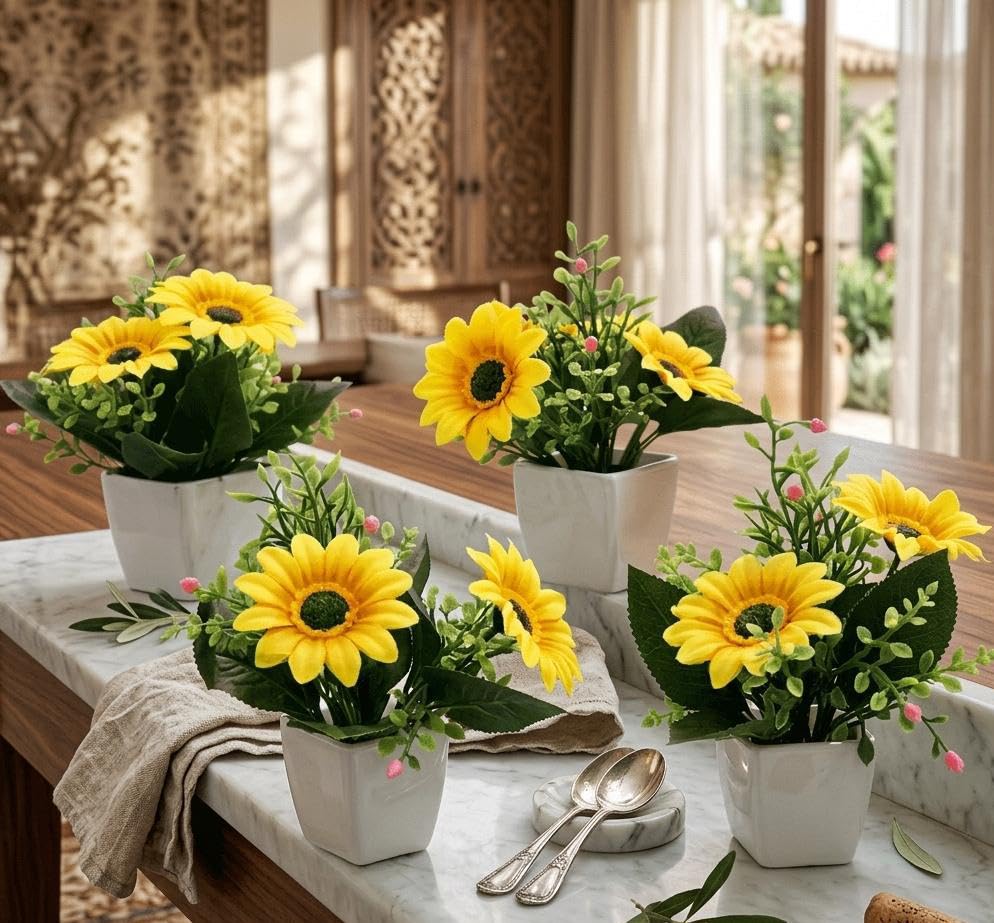 Image of Artificial Sunflower Bonsai, Fake Flower Pot (Pack of 4) Artificial Plant for Home Decor & Office Decor, Indoor Plant, Faux Plants for Balcony Decoratin & Living Room Decoration, Gift Item