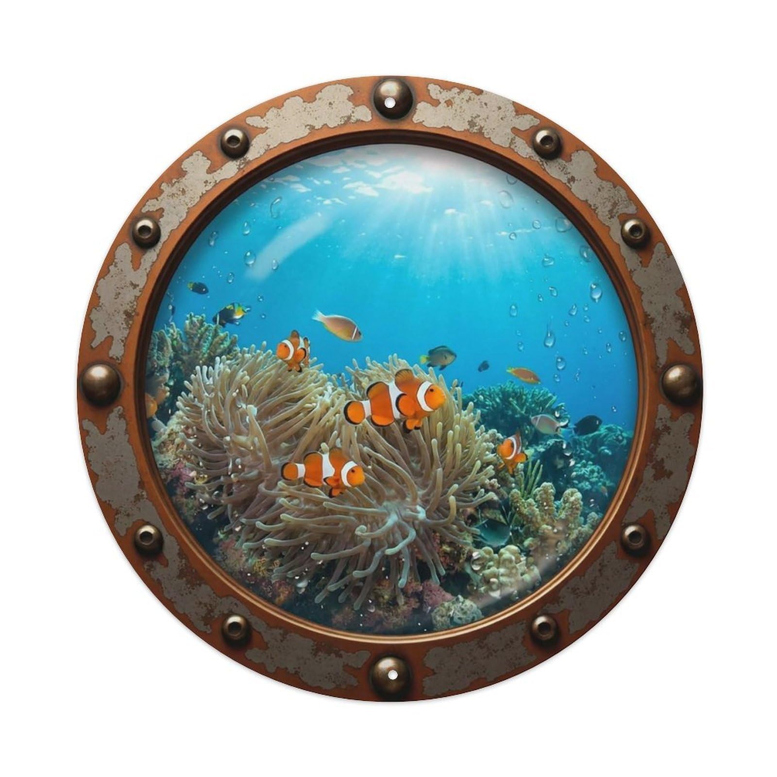 Vintage Porthole Clownfish Nautical Window View Metal Tin Sign