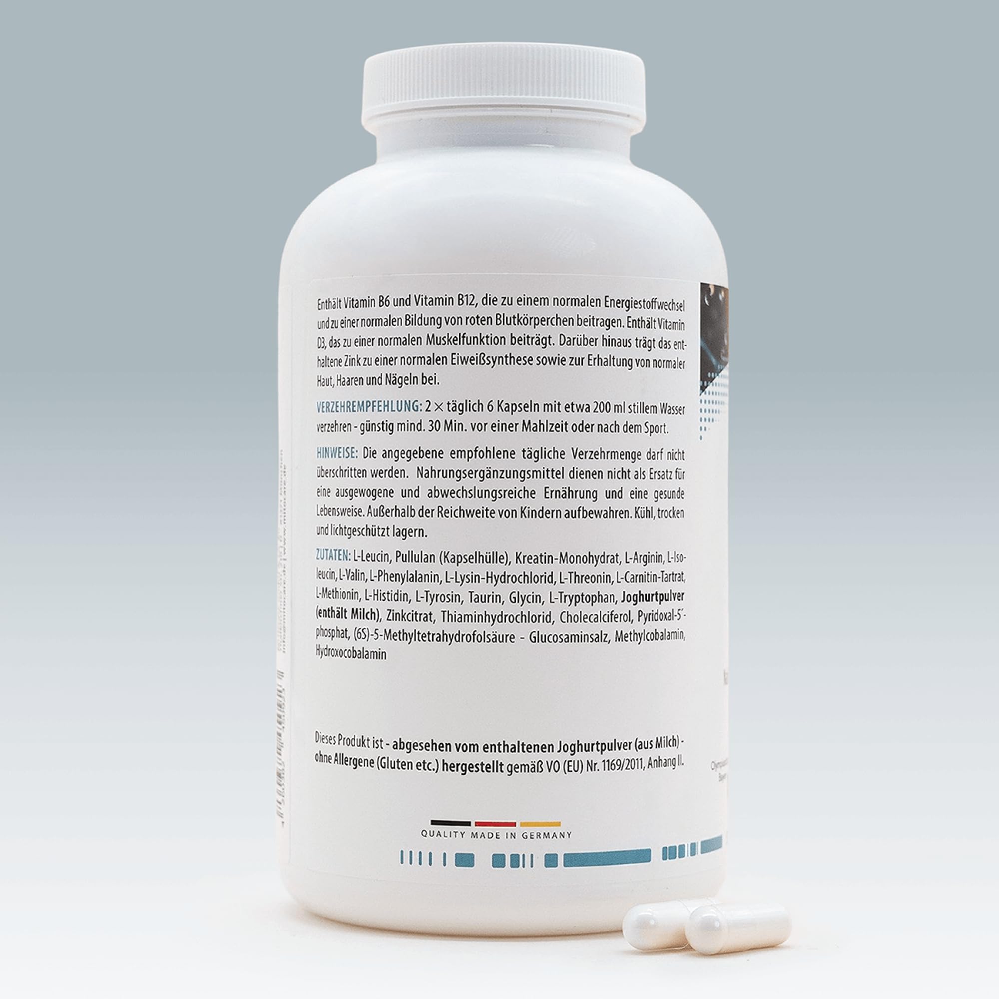 MITOcare Aminosäuren Sport - Aminosäuren Komplex hochdosiert - L-Glutamin, L-Theanin, L-Arginin & L-Leucin - Für Sport & Bewegung - Monatspackung mit 360 Kapseln - Produziert in Deutschland
