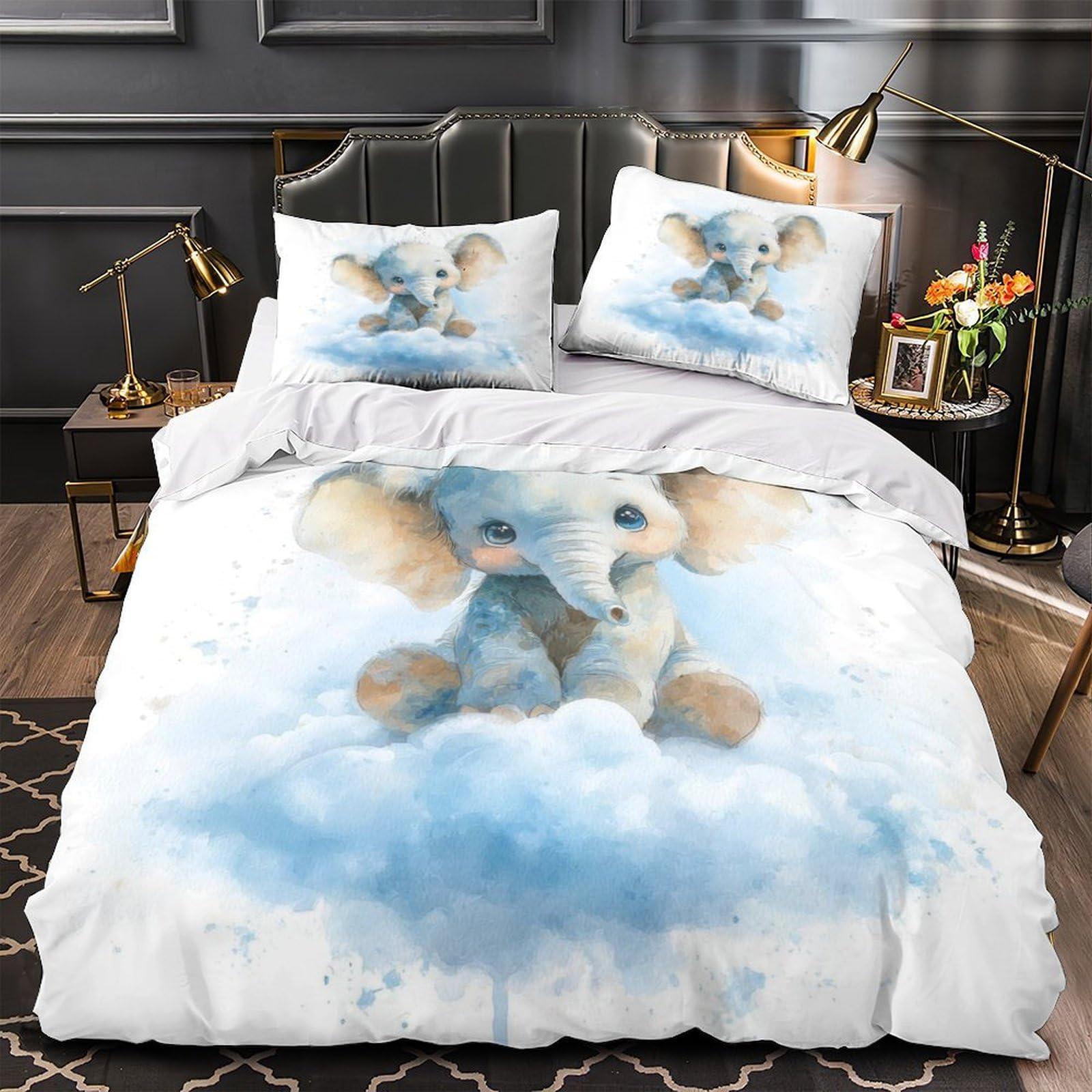 Housse de couette bébé éléphant microfibre 135x200 parure de lit 1 personne