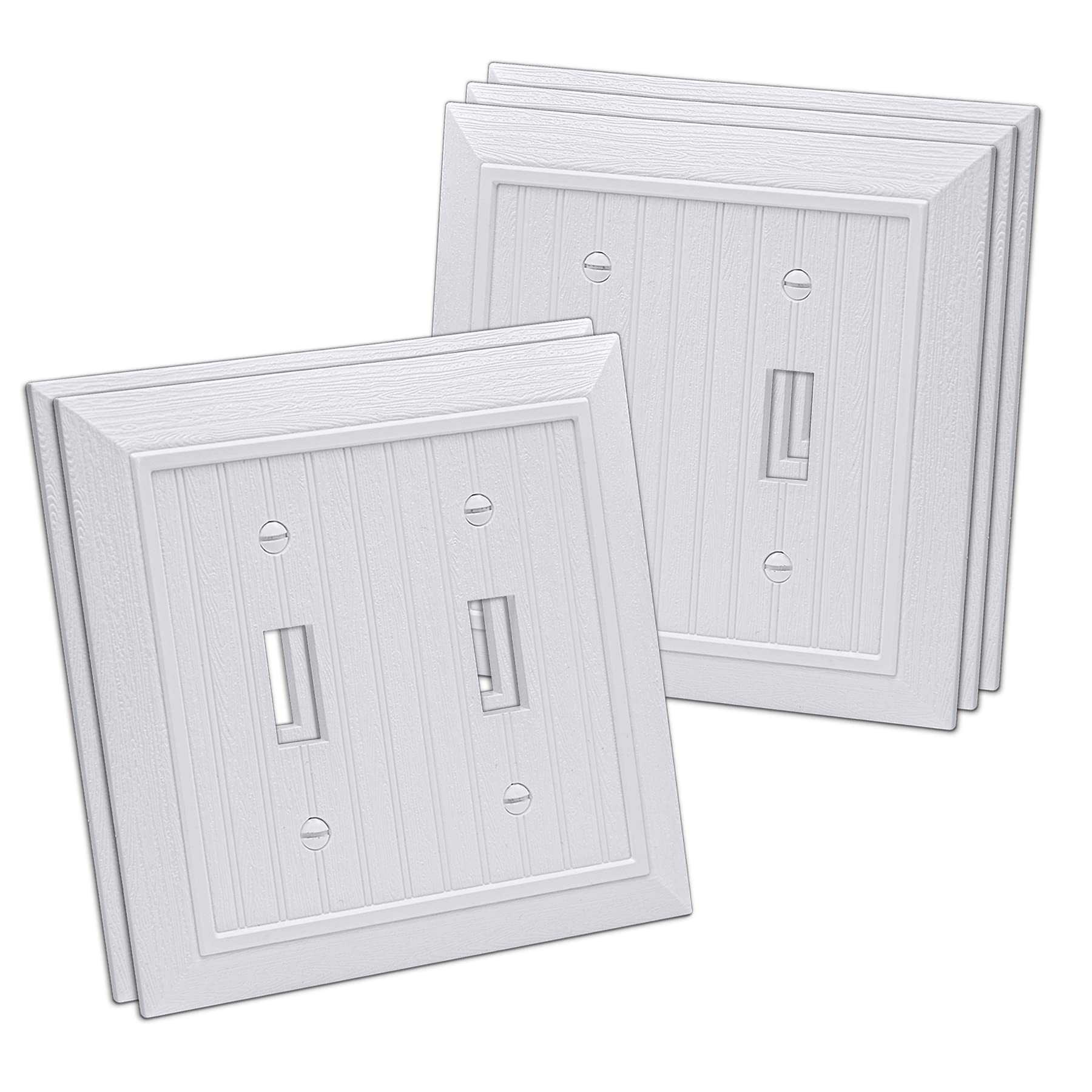 (5 Pack) CML Classic Toggle Light Switch Wall Plate, 2-Gang Beadboard Outlet Covers, Vintage Retro Wood Grain Design, Standard Size 4.95”X 4.87”, Impact Resistant, White