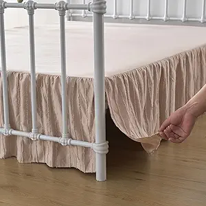Bed Skirt Full Size, Ruffled Bed Skirt with Split Corners, Full Bed Skirts 14 Inch Drop with Platform, Striped Boho Bed Skirting Full Size, Pink-tinged Cream, 14'' Ful
