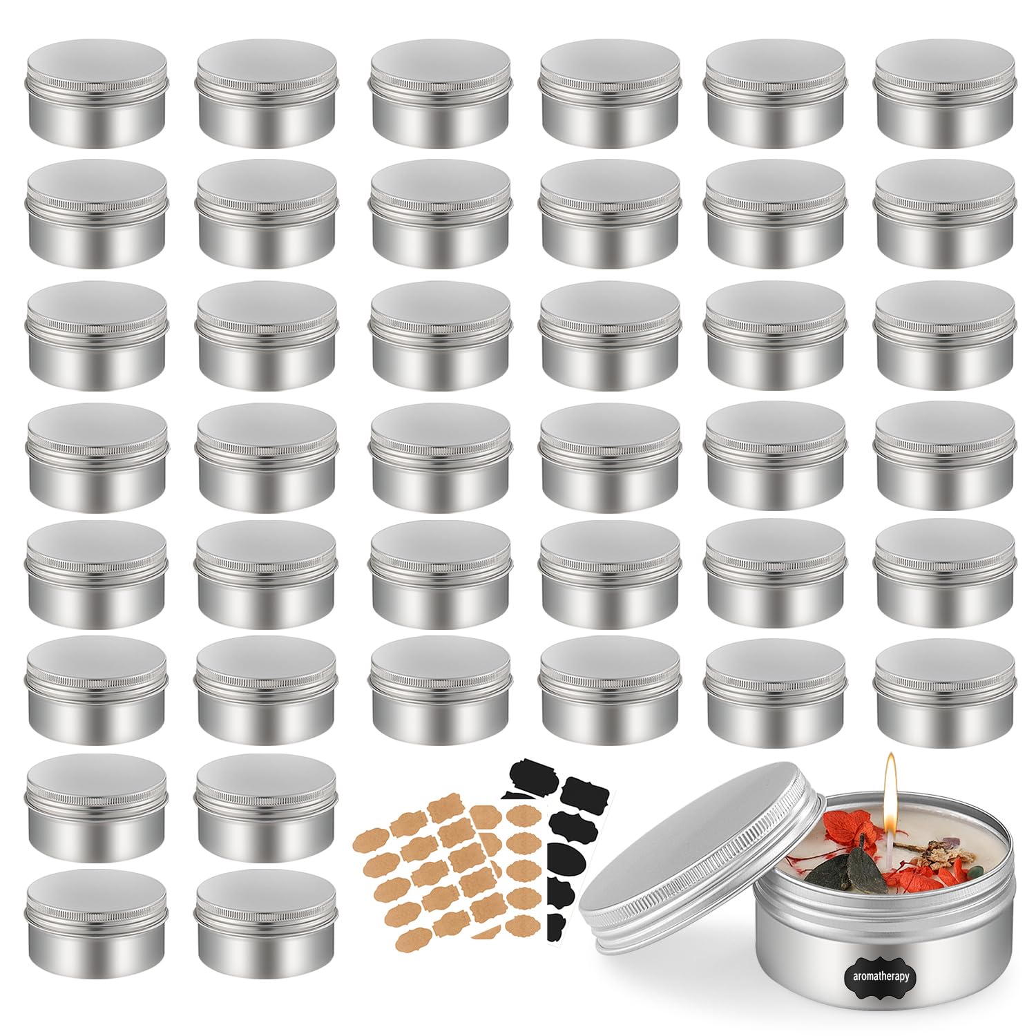 LIYAR 3 oz Tins with Lids, 40 Pack Aluminum Jars 3 oz Tin Salve Tins Refillable Containers With Screw Top and Labels for Salve,Candle,Spices or Balms(