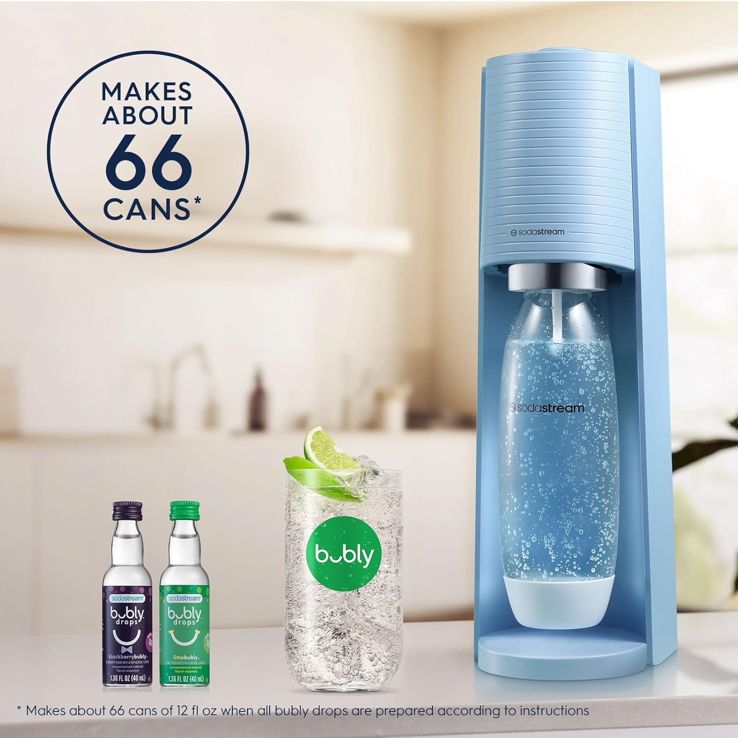 SodaStream - Terra Sparkling Water Maker | VALUE BUNDLE | CQC CO2 system | Includes 2x CO2 Cylinders, 3x 32 Fl Oz Dishwasher Safe Bottles, 2x Bubly Flavor Drops | Combine with Flavors | Misty Blue