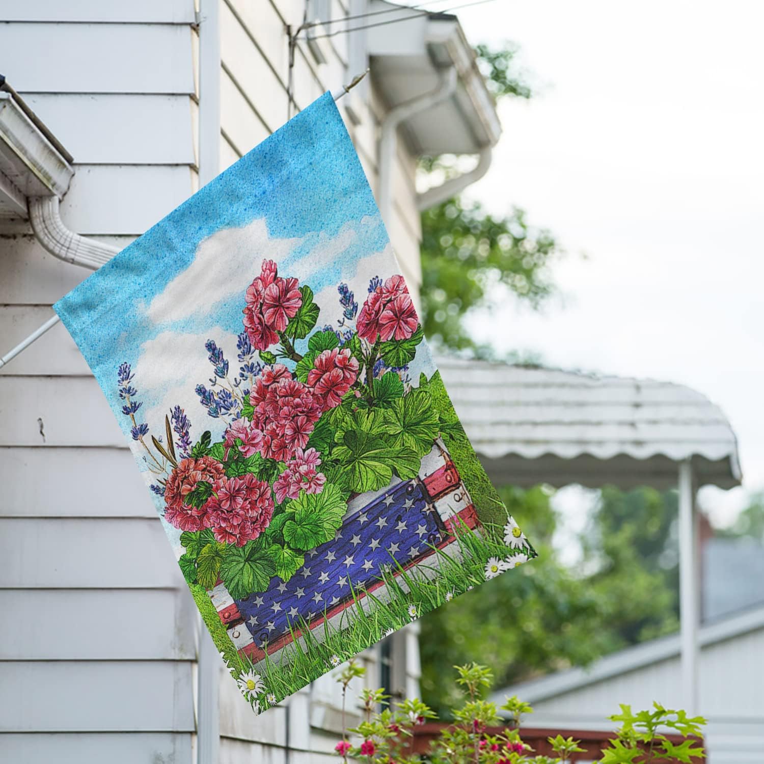 America Forever Patriotic Geraniums Floral House Flag 28 x 40 inch 4th of July Stars and Stripes Red Flowers Yard Outdoor Decorative Geranium Welcome Flag