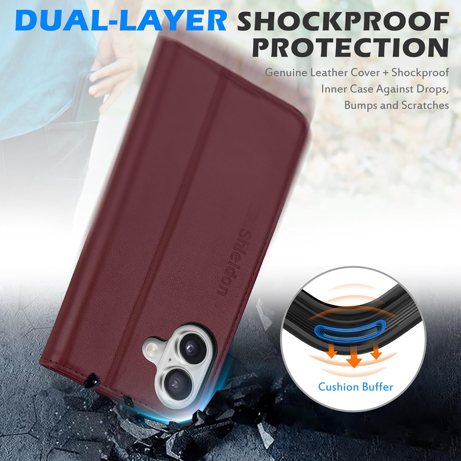 SHIELDON Wallet Case for iPhone 17 6.3-inch 2025 | Genuine Leather | Flip Magnetic | RFID Blocking Card Holder | Kickstand | Shockproof | Soft Shock-Absorbent Phone Cover | Wine Red