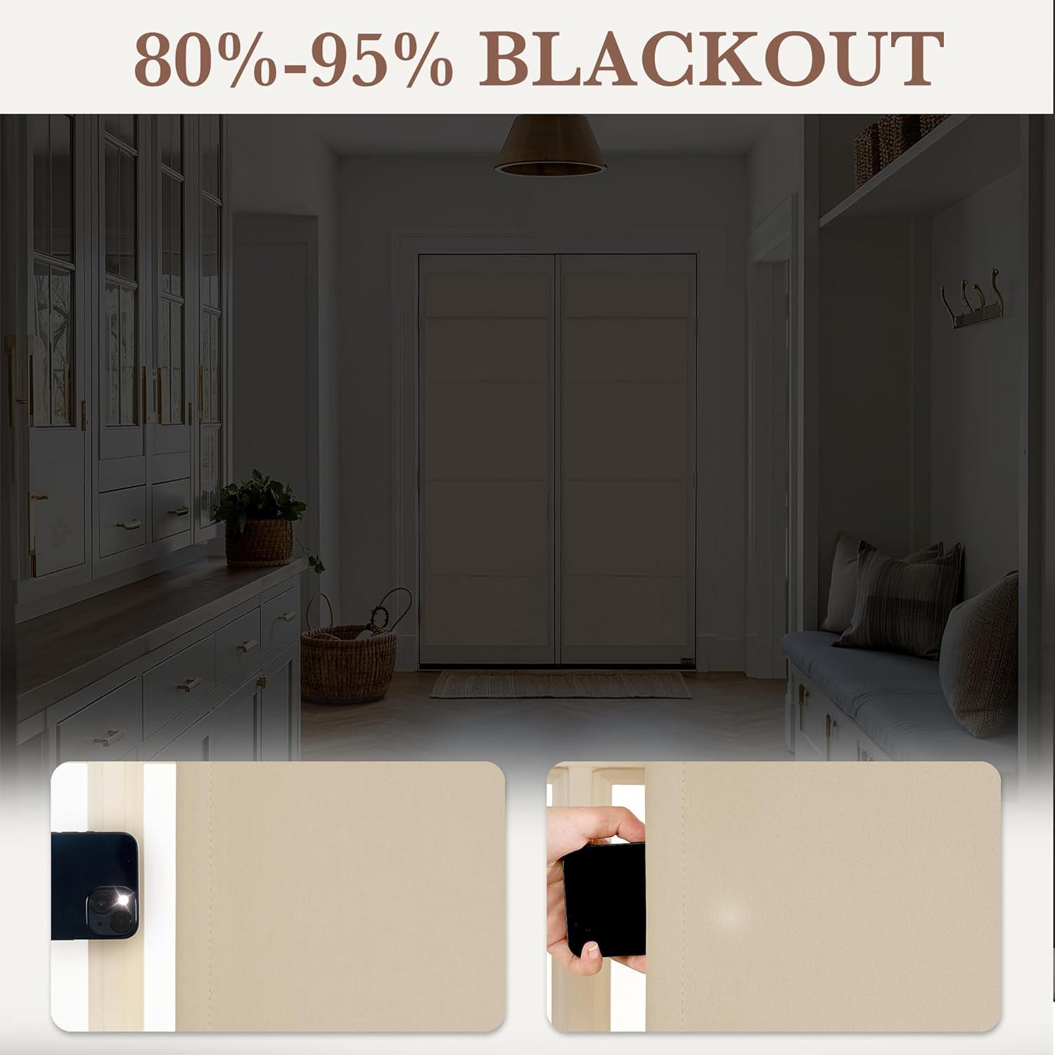 RYB HOME Magnetic Blackout French Door Curtain for Door Window, Thermal Insulated & Privacy Assured Doorway Curtain for Bedroom/Bathroom, Adhesive Window Drapes No Drill, W26 x L69, Beige, 1 Panel