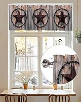 Vista 4 de Cortina de cenefas de estrella de campo occidental para cocina, cafetería, estrellas de hierro rústico sobre puerta de granero de madera, cenefa