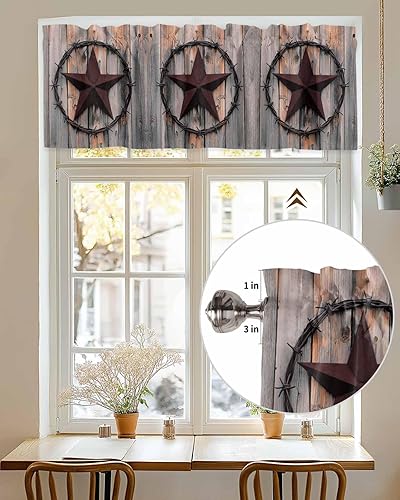 Miniatura 4 de Cortina de cenefas de estrella de campo occidental para cocina, cafetería, estrellas de hierro rústico sobre puerta de granero de madera, cenefa